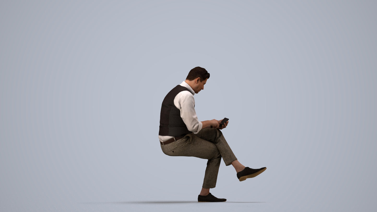 photogrammetry 3D man business sitting, realistic human model archviz FBX, side view render