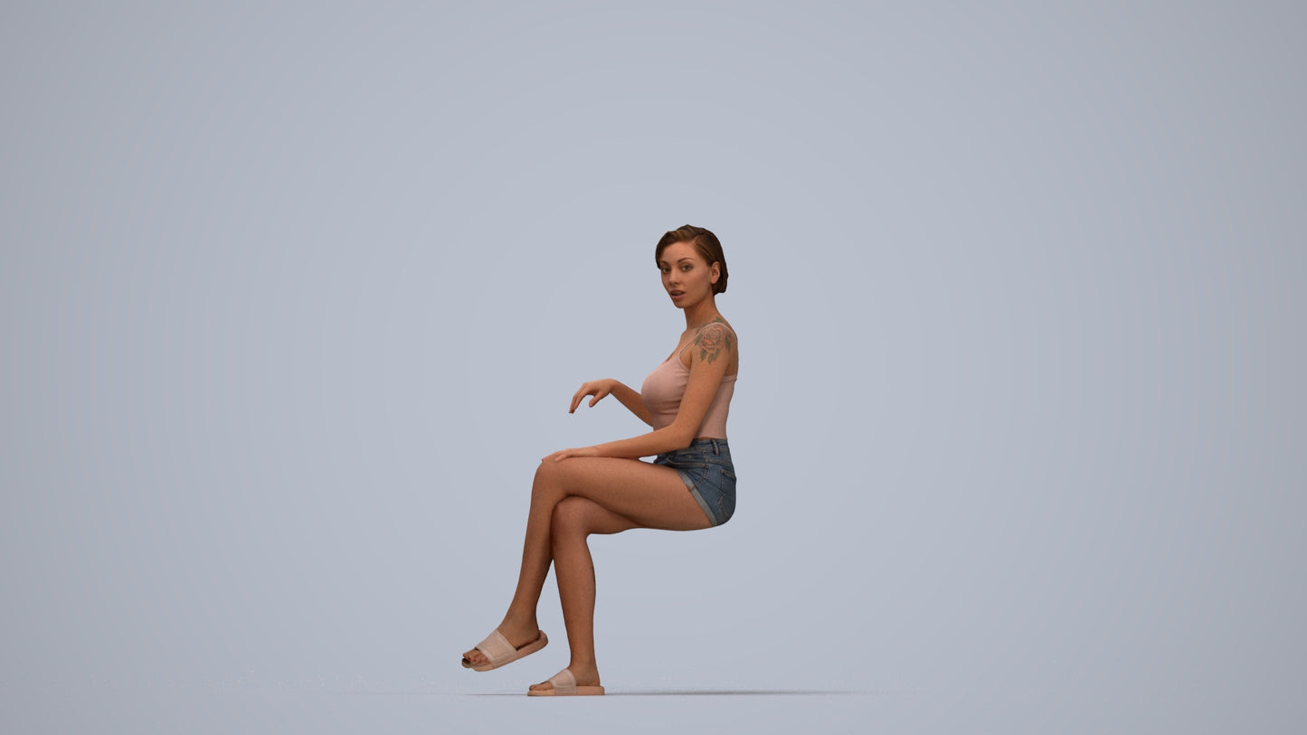 3D human model woman casual sitting, photogrammetry scanned person for archviz, top-down view render