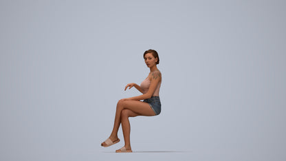 3D human model woman casual sitting, photogrammetry scanned person for archviz, top-down view render