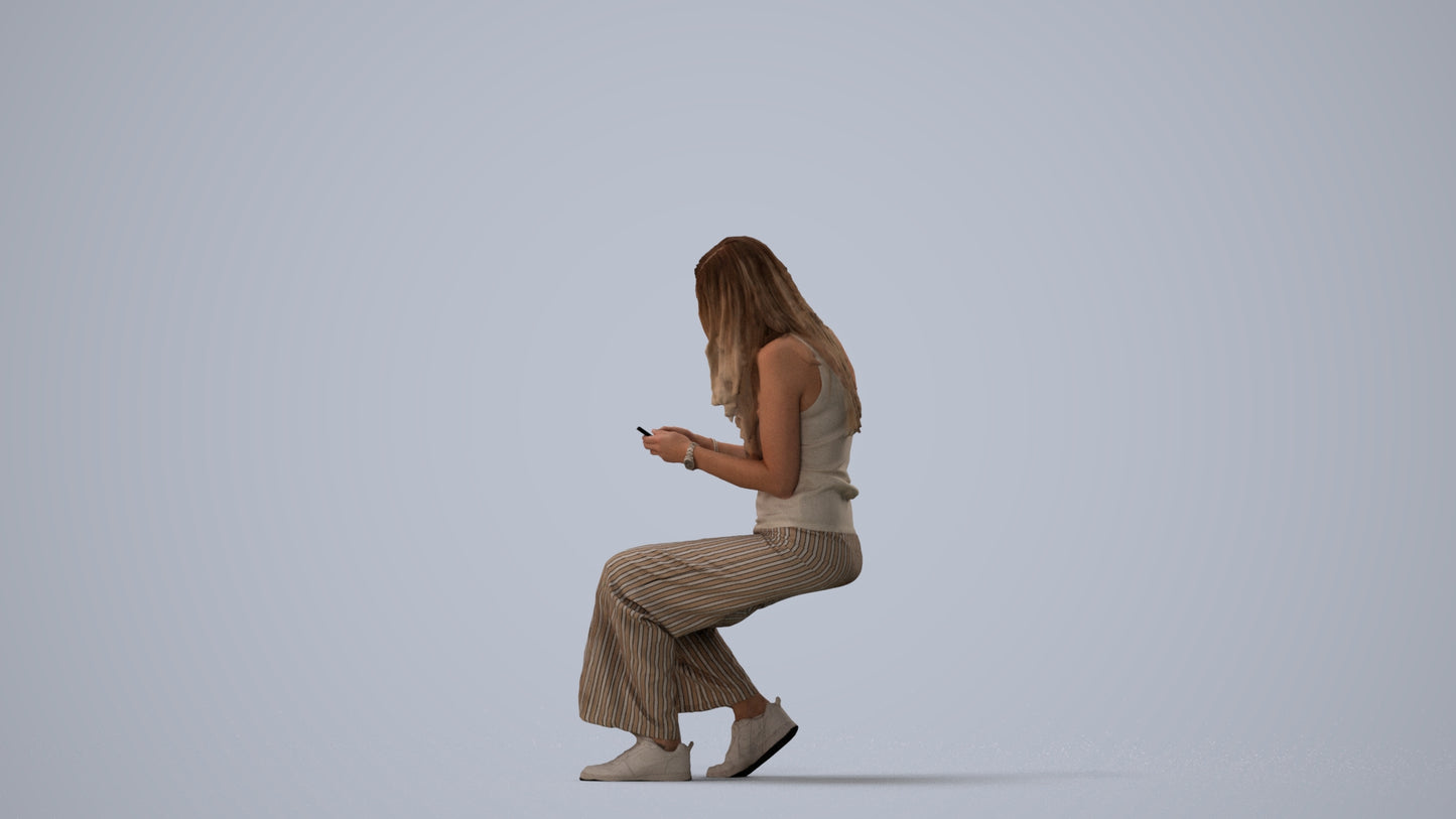 3D human model woman casual sitting, photogrammetry scanned person for archviz, three-quarter view render