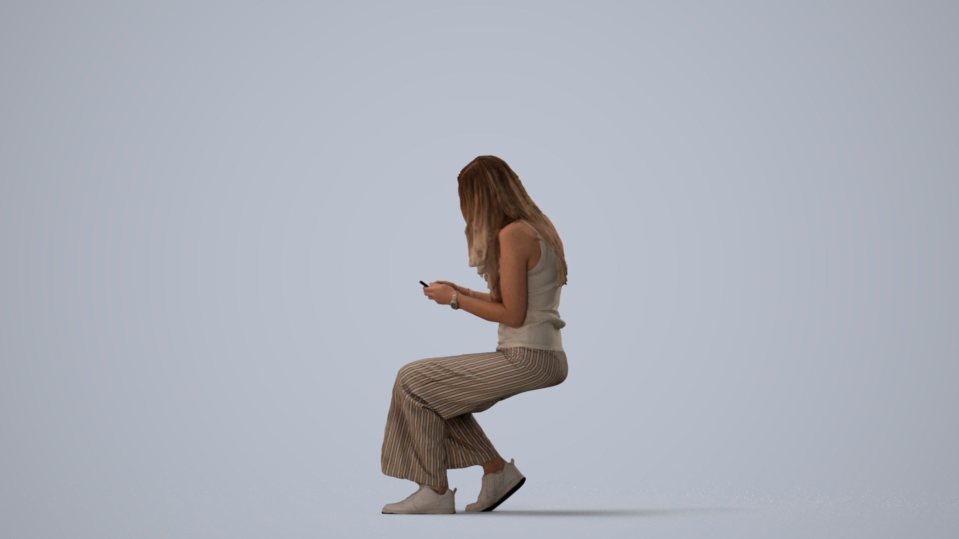 3D human model woman casual sitting, photogrammetry scanned person for archviz, three-quarter view render