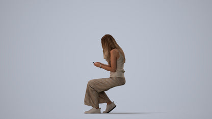 3D human model woman casual sitting, photogrammetry scanned person for archviz, three-quarter view render
