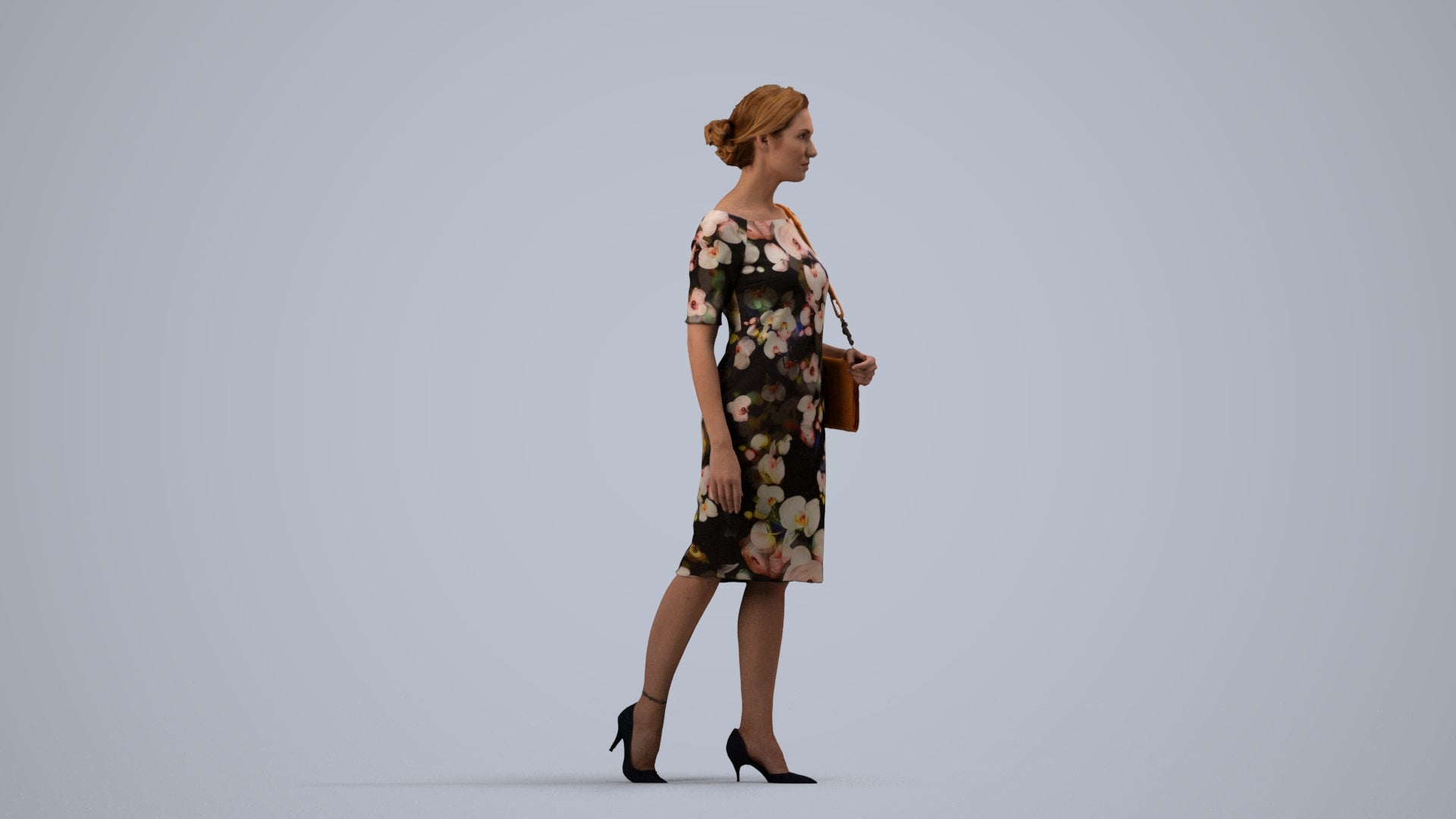 realistic 3D woman casual walking, scanned archviz people for Blender and 3ds Max, side view render