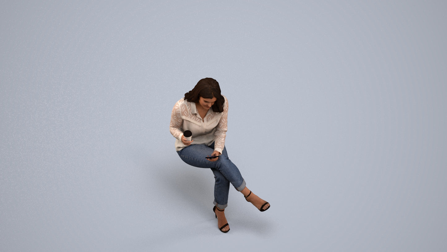scanned 3D woman casual sitting, photogrammetry people for Enscape and V-Ray, back view render
