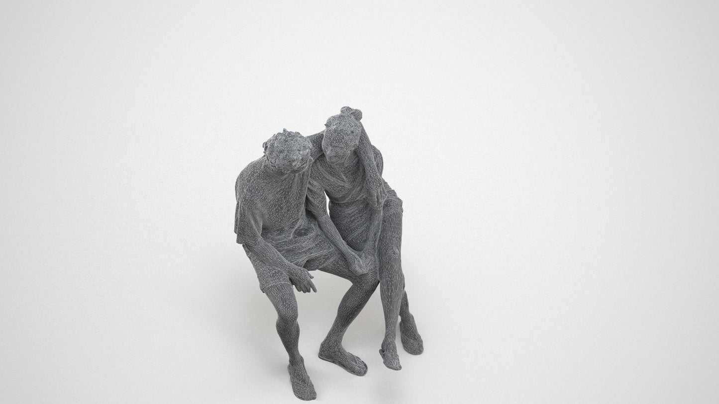 3D human model woman casual couple, photogrammetry scanned person for archviz, wireframe three-quarter view