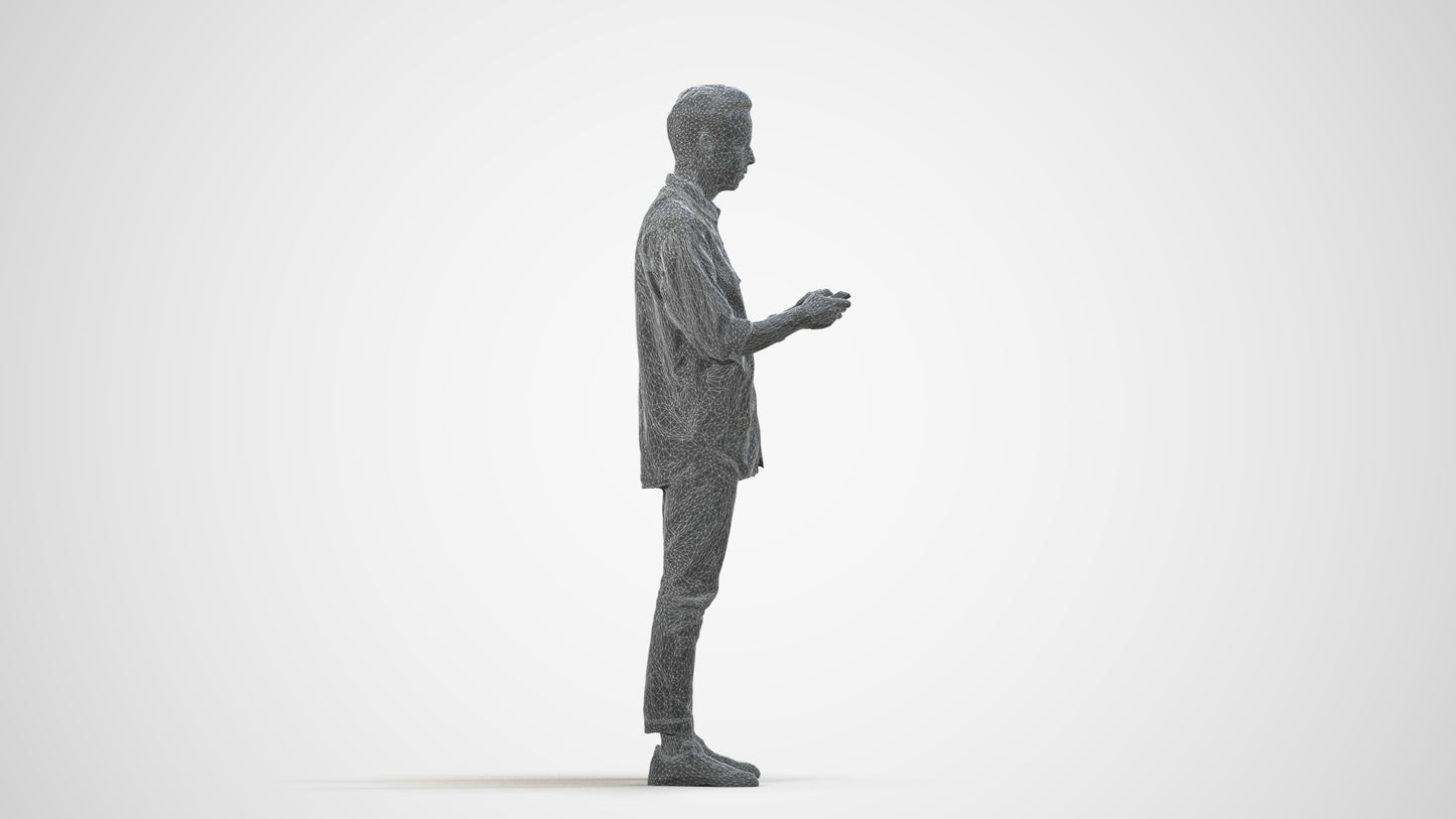 3D people model man casual standing, scanned human for 3ds Max rendering, wireframe side view