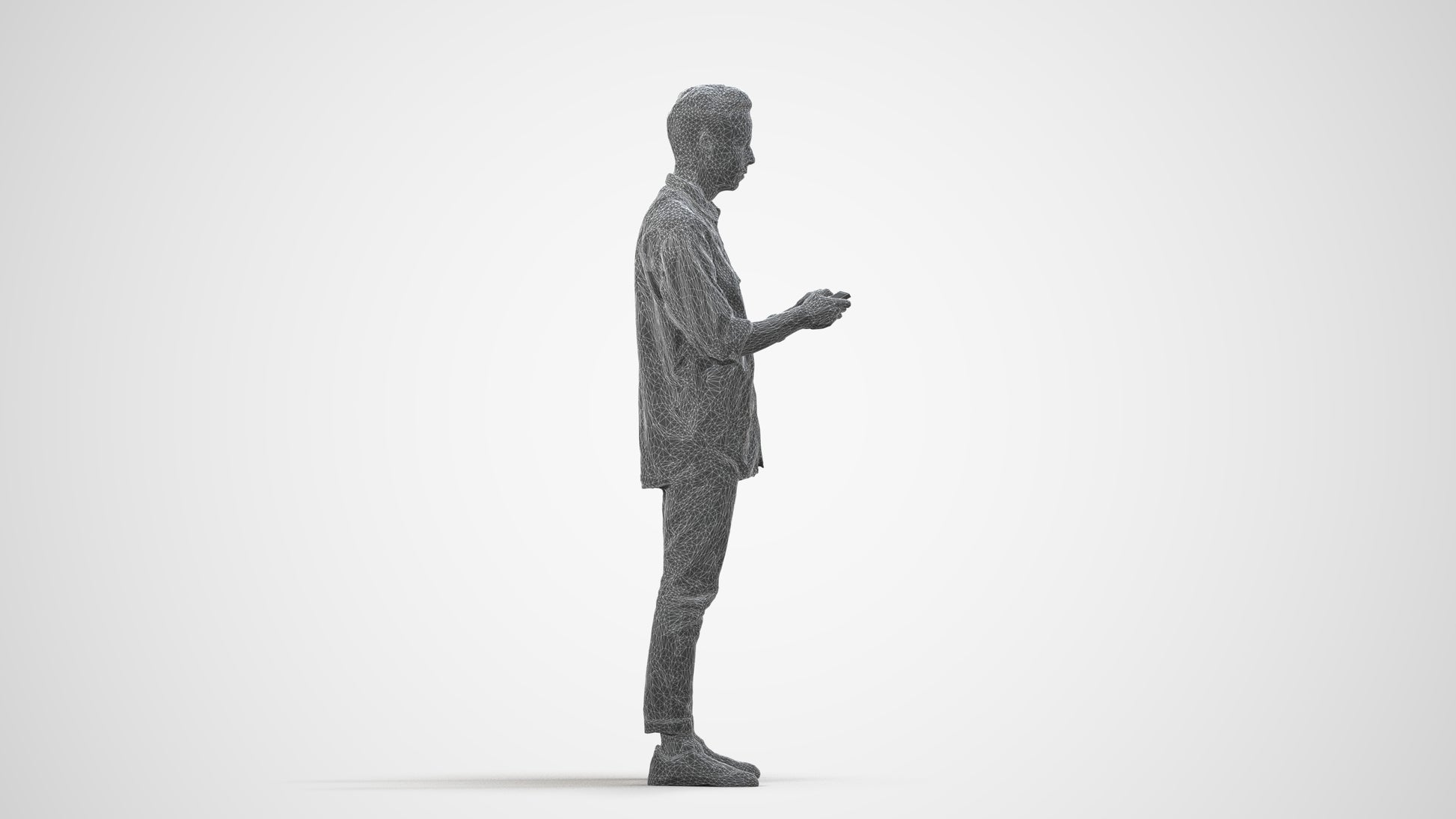 3D people model man casual standing, scanned human for 3ds Max rendering, wireframe side view