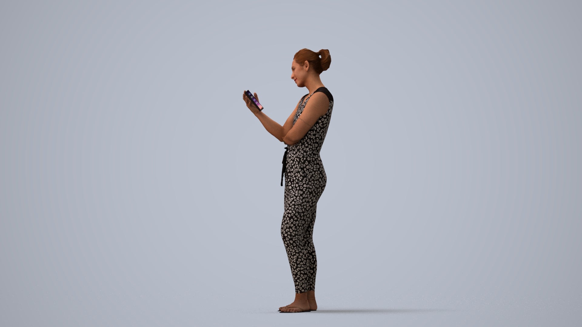 3D human model woman casual standing, photogrammetry scanned person for archviz, three-quarter view render