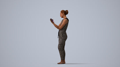 3D human model woman casual standing, photogrammetry scanned person for archviz, three-quarter view render