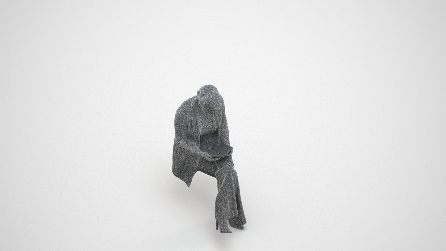 realistic 3D woman business sitting, scanned archviz people for Blender and 3ds Max, wireframe three-quarter view