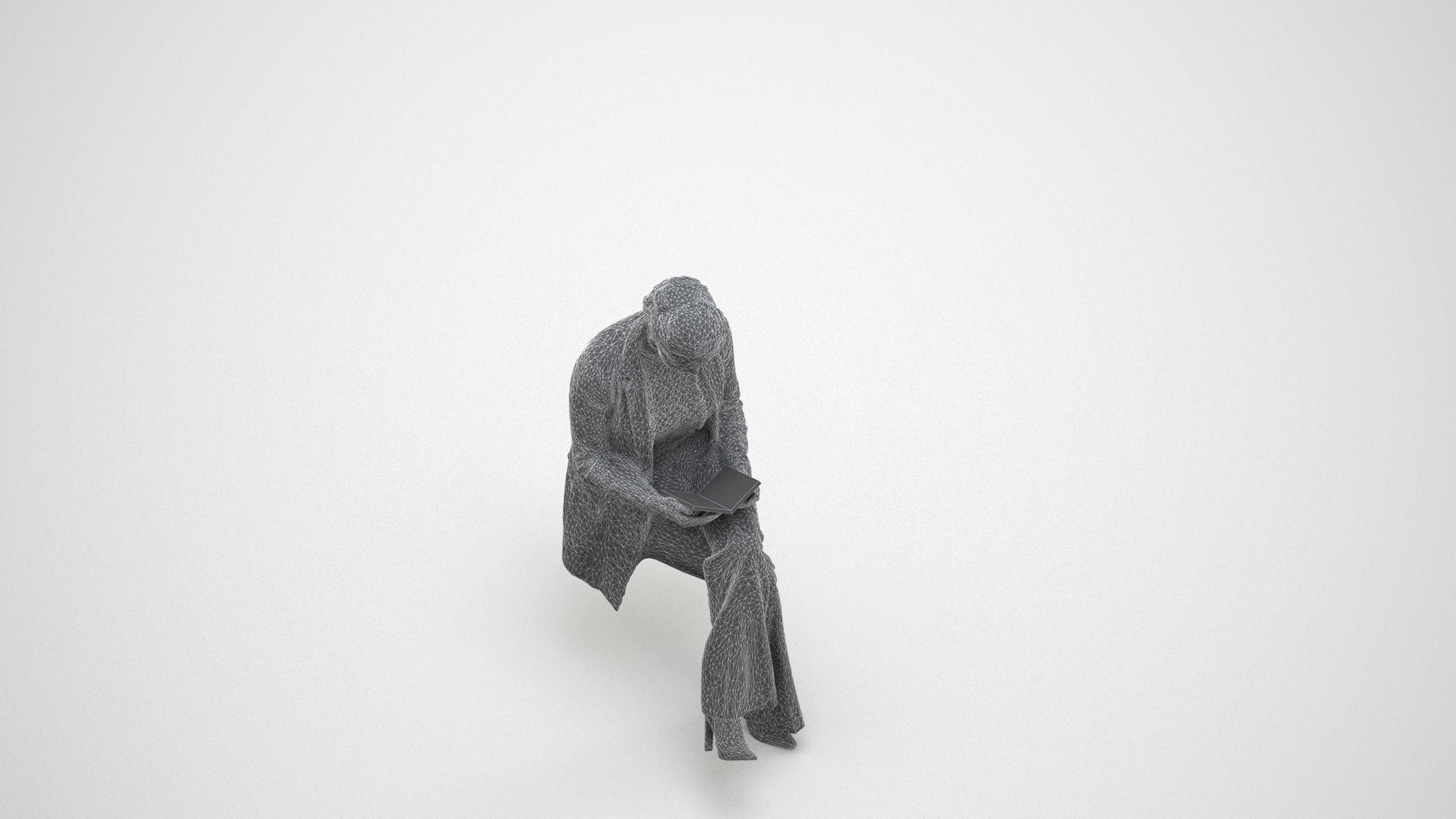 realistic 3D woman business sitting, scanned archviz people for Blender and 3ds Max, wireframe three-quarter view