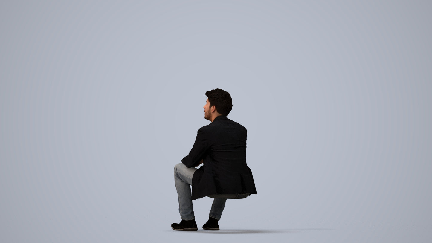 realistic 3D man casual sitting, scanned archviz people for Blender and 3ds Max, three-quarter view render