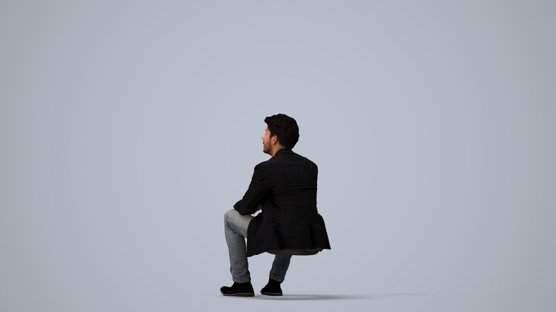realistic 3D man casual sitting, scanned archviz people for Blender and 3ds Max, three-quarter view render
