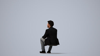 realistic 3D man casual sitting, scanned archviz people for Blender and 3ds Max, three-quarter view render