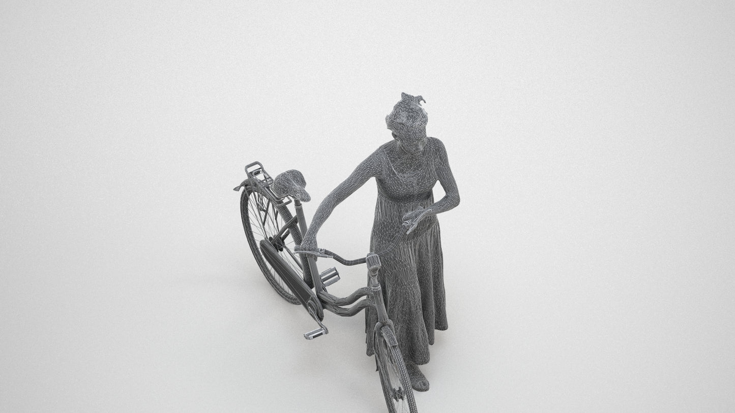 realistic 3D woman casual cycling, scanned archviz people for Blender and 3ds Max, wireframe three-quarter view