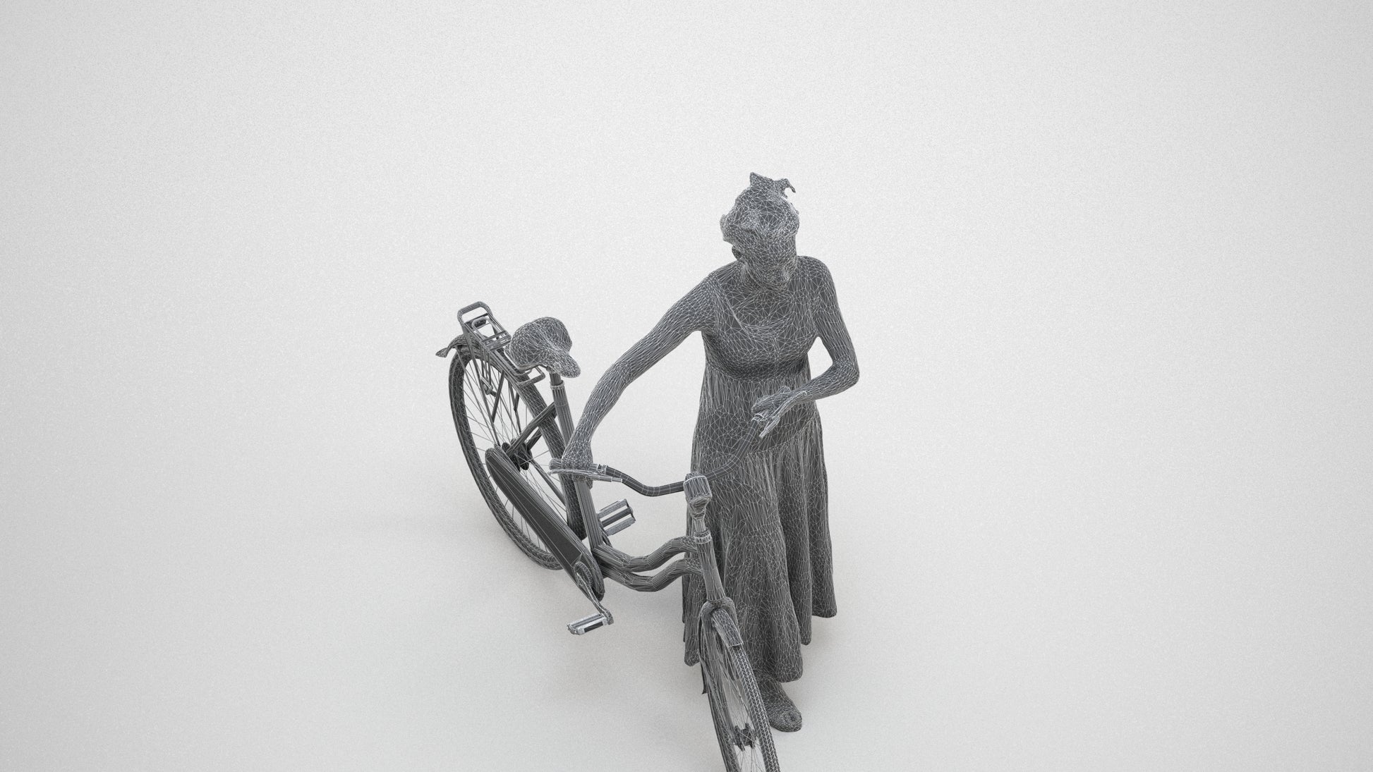 realistic 3D woman casual cycling, scanned archviz people for Blender and 3ds Max, wireframe three-quarter view
