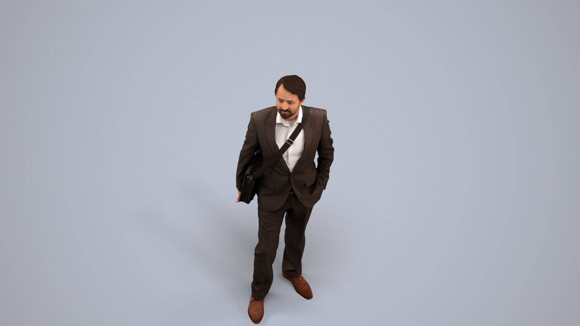 3D human model man business, photogrammetry scanned person for archviz, back view render
