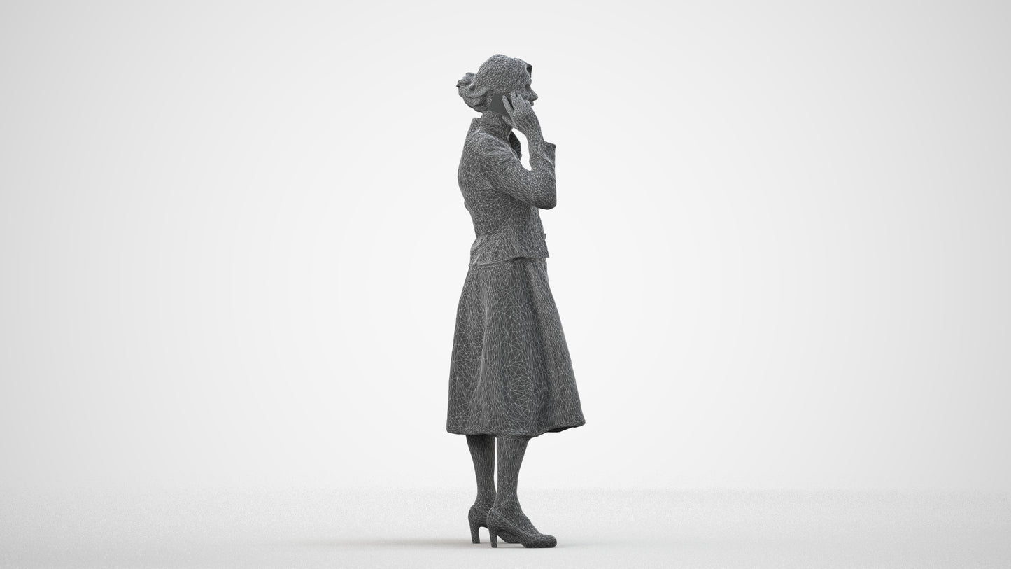 3D human model senior woman business standing, photogrammetry scanned person for archviz, wireframe side view