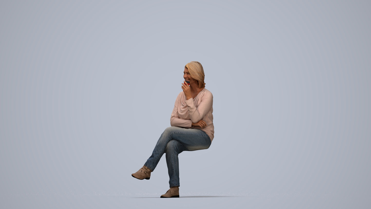 scanned 3D woman casual sitting, photogrammetry people for Enscape and V-Ray, top-down view render