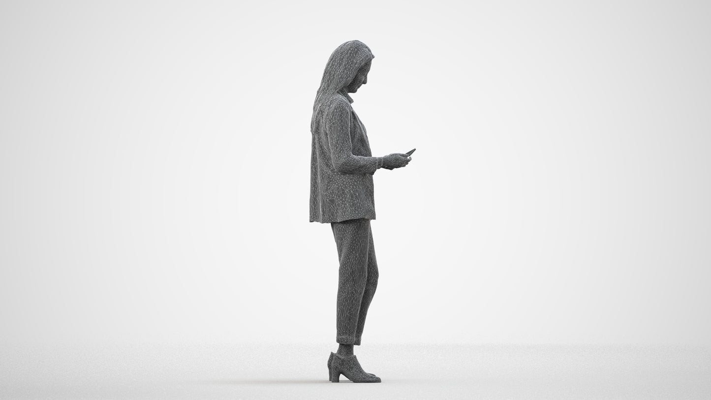 3D human model woman business, photogrammetry scanned person for archviz, wireframe side view