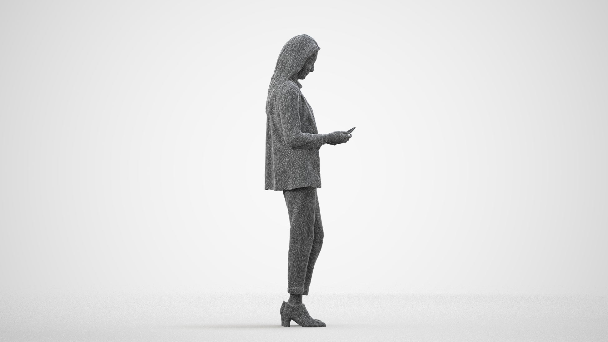 3D human model woman business, photogrammetry scanned person for archviz, wireframe side view
