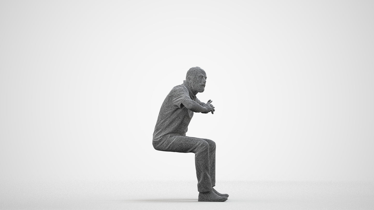 3D people model senior man casual sitting, scanned human for 3ds Max rendering, wireframe side view