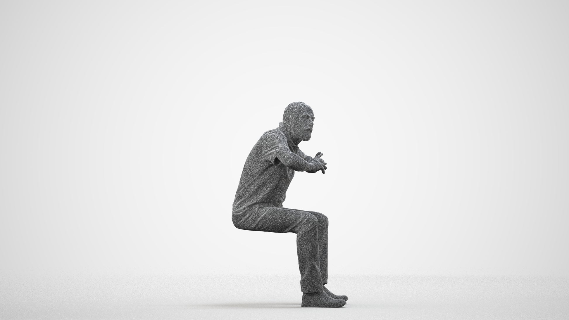 3D people model senior man casual sitting, scanned human for 3ds Max rendering, wireframe side view