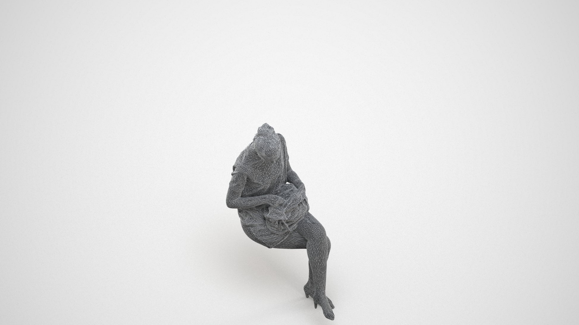 3D scanned woman sitting casual, photorealistic archviz people for Enscape and SketchUp, wireframe three-quarter view