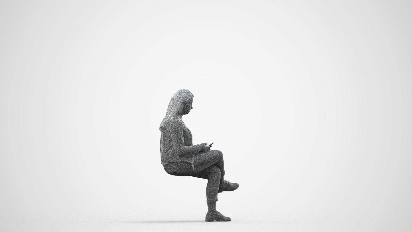 realistic 3D woman casual sitting, scanned archviz people for Blender and 3ds Max, wireframe side view