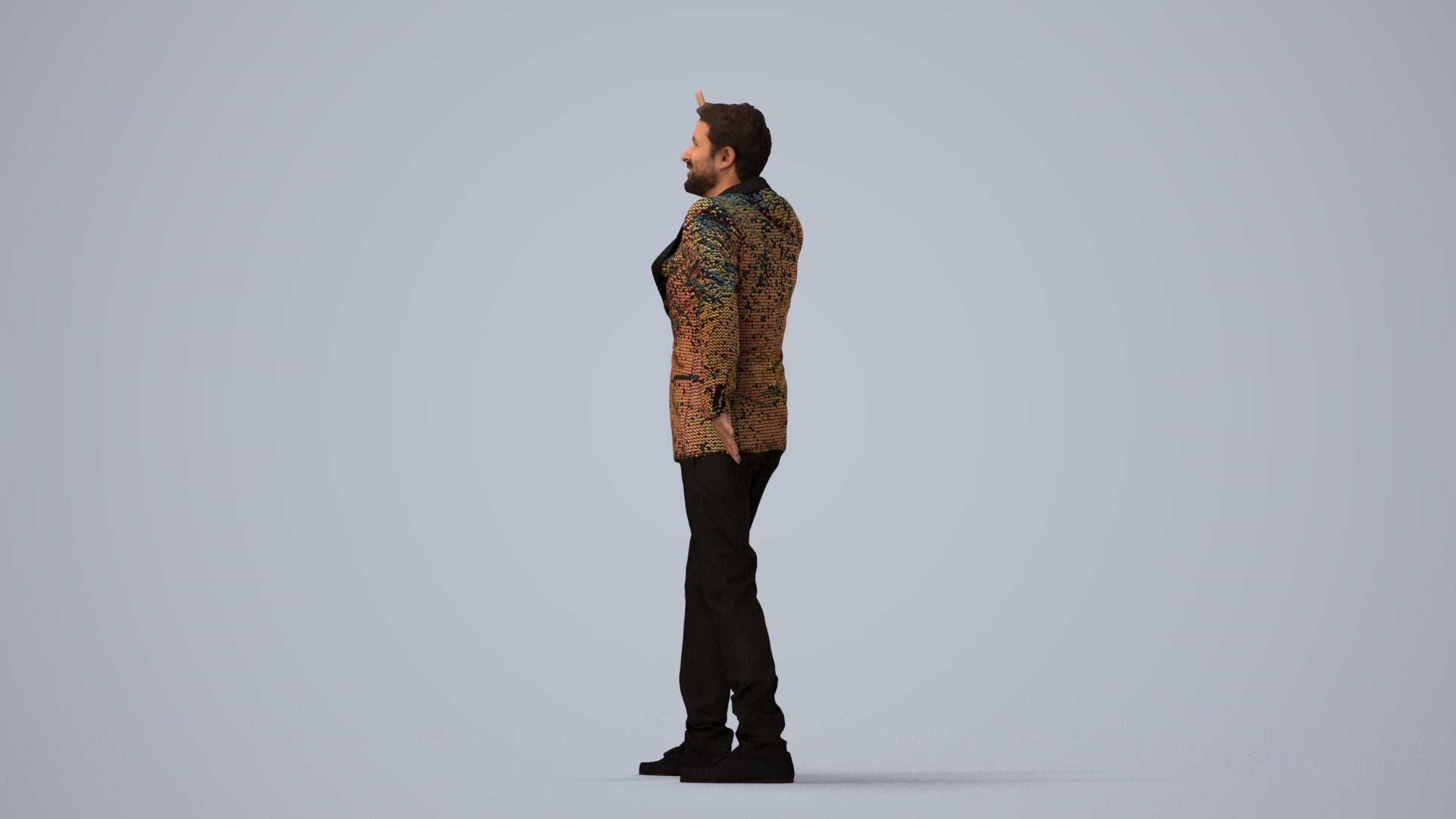 realistic 3D human man formal dancing, archviz people FBX OBJ for Blender, three-quarter view render