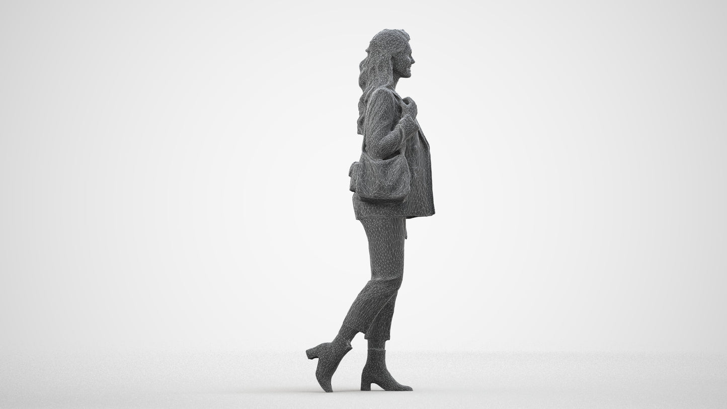 3D people model woman business walking, scanned human for 3ds Max rendering, wireframe side view