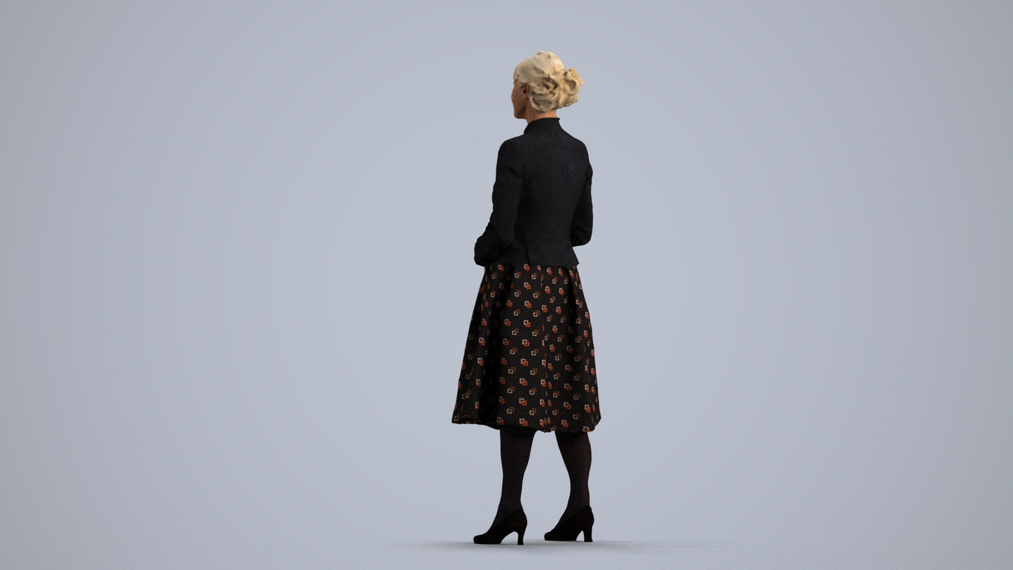 realistic 3D senior woman business standing, scanned archviz people for Blender and 3ds Max, front view render