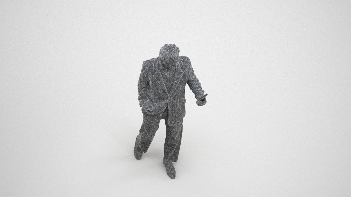 realistic 3D human man business walking, archviz people FBX OBJ for Blender, wireframe three-quarter view