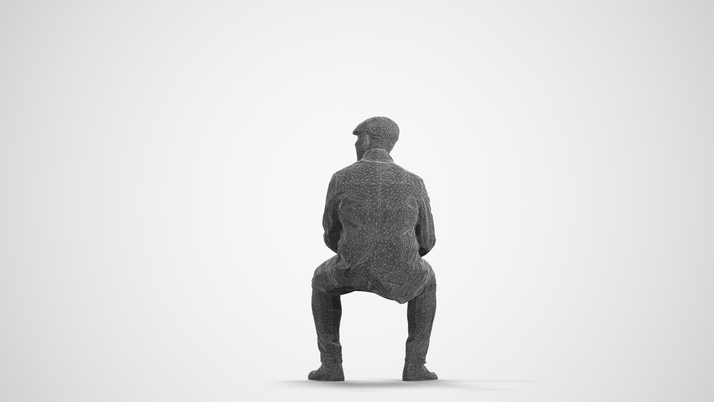 3D people model man casual sitting, scanned human for 3ds Max rendering, wireframe front view