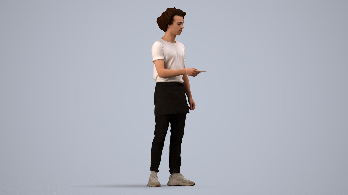 realistic 3D human man door, archviz people FBX OBJ for Blender, side view render