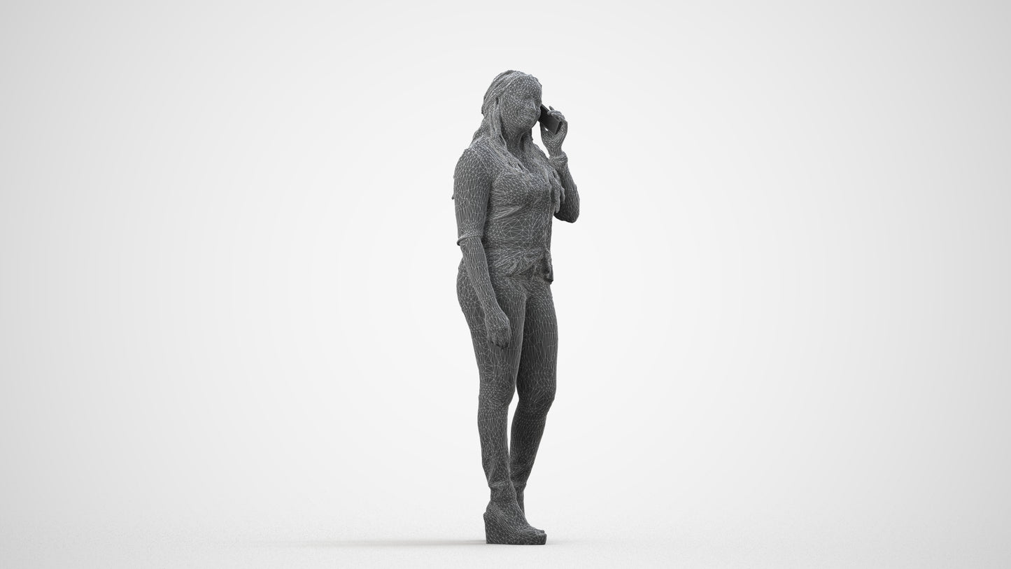 realistic 3D woman casual standing, scanned archviz people for Blender and 3ds Max, wireframe side view