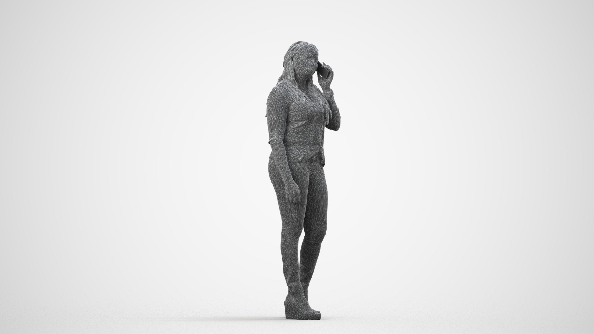 realistic 3D woman casual standing, scanned archviz people for Blender and 3ds Max, wireframe side view