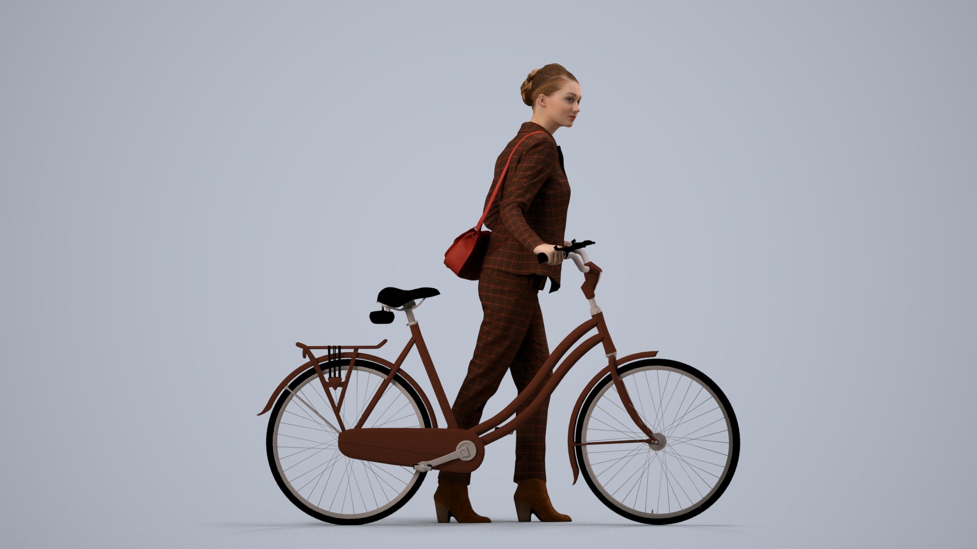 realistic 3D human woman business cycling, archviz people FBX OBJ for Blender, side view render