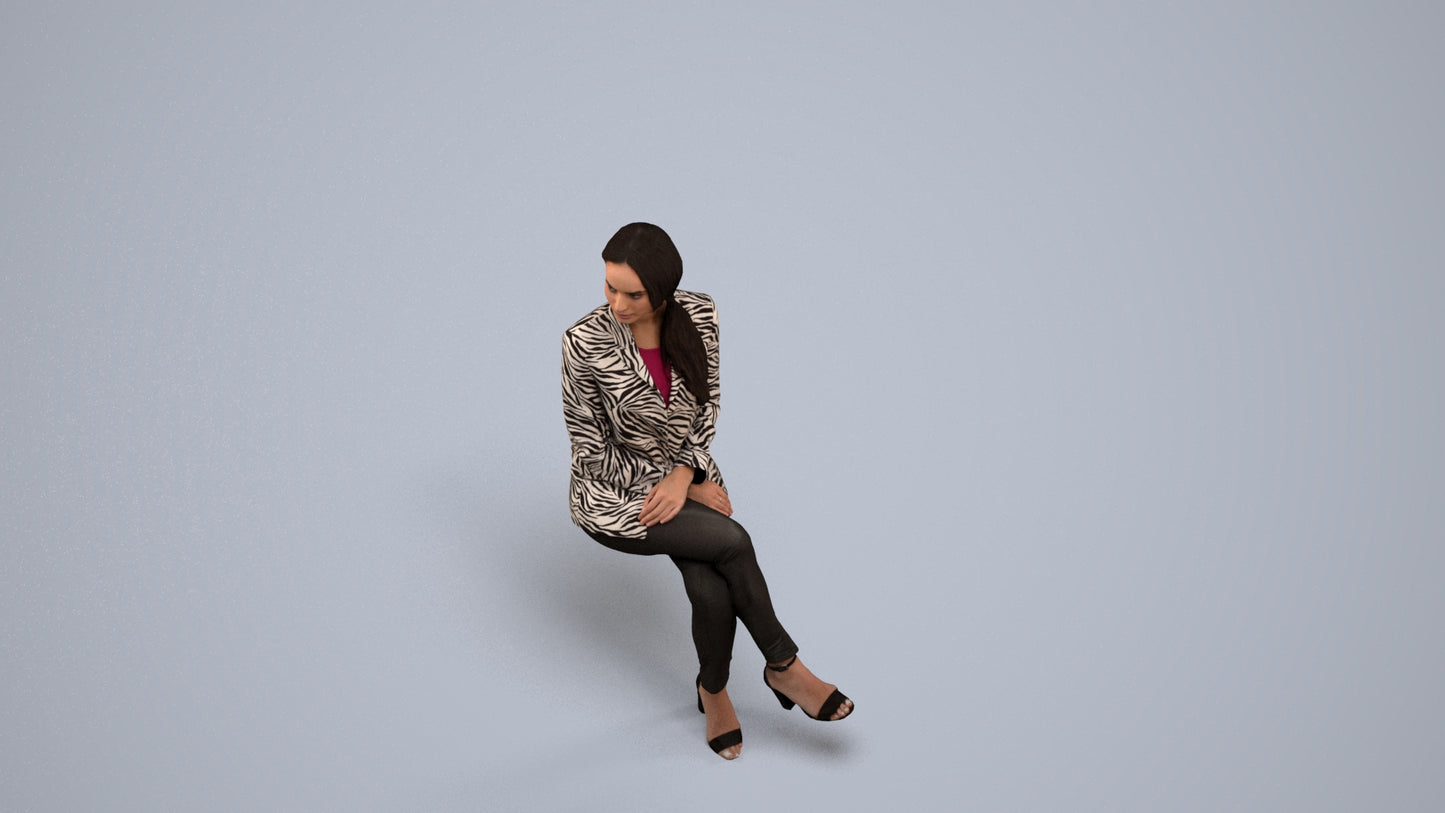 3D scanned woman sitting business, photorealistic archviz people for Enscape and SketchUp, back view render