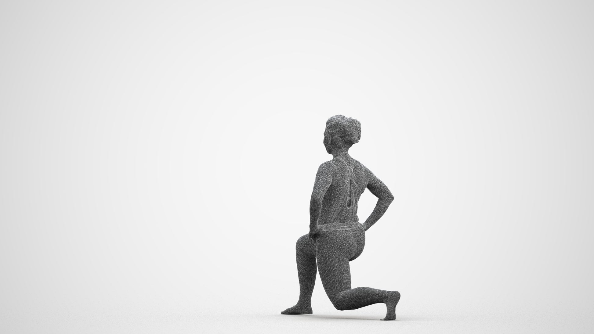 3D human model woman sport, photogrammetry scanned person for archviz, wireframe front view