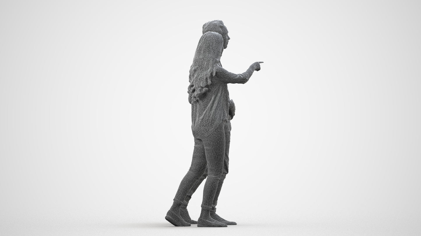 realistic 3D woman casual couple, scanned archviz people for Blender and 3ds Max, wireframe side view