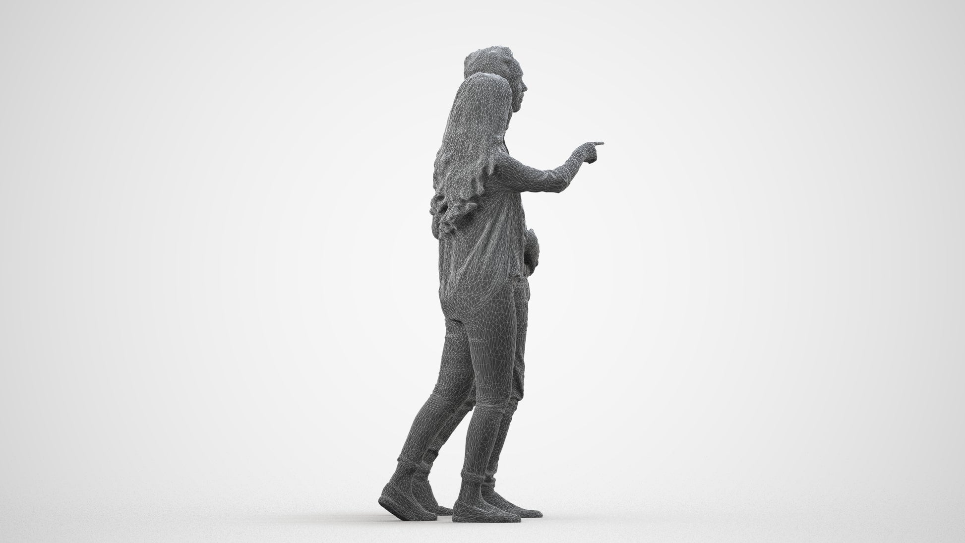 realistic 3D woman casual couple, scanned archviz people for Blender and 3ds Max, wireframe side view