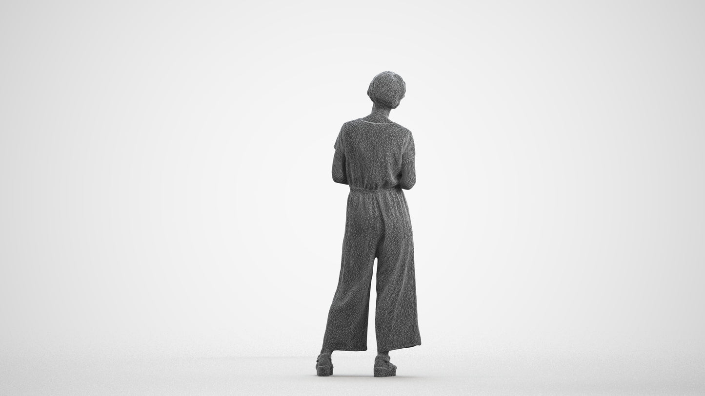 realistic 3D senior woman casual standing, scanned archviz people for Blender and 3ds Max, wireframe front view