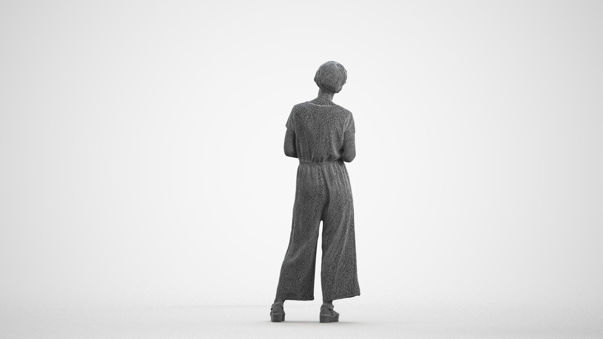 realistic 3D senior woman casual standing, scanned archviz people for Blender and 3ds Max, wireframe front view