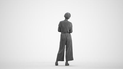 realistic 3D senior woman casual standing, scanned archviz people for Blender and 3ds Max, wireframe front view
