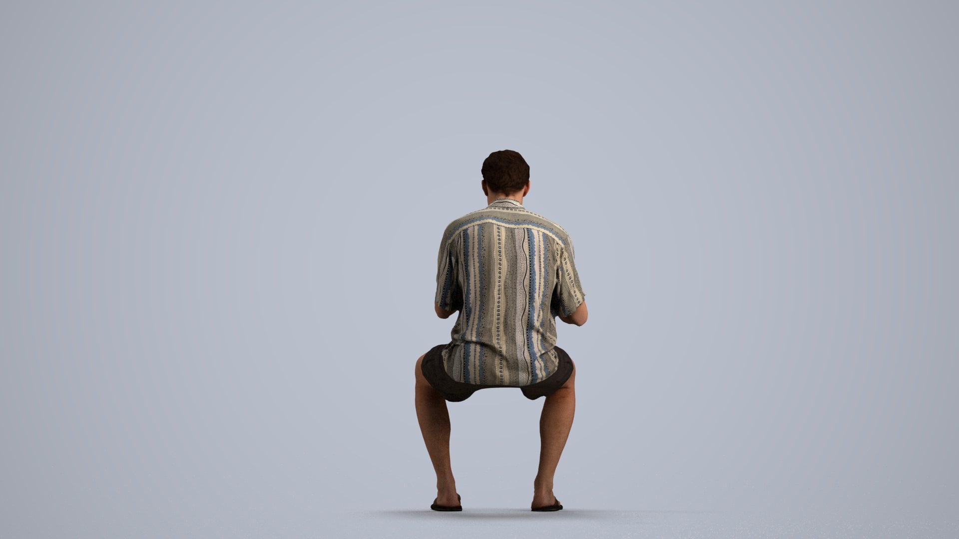 3D human model man casual sitting, photogrammetry scanned person for archviz, front view render