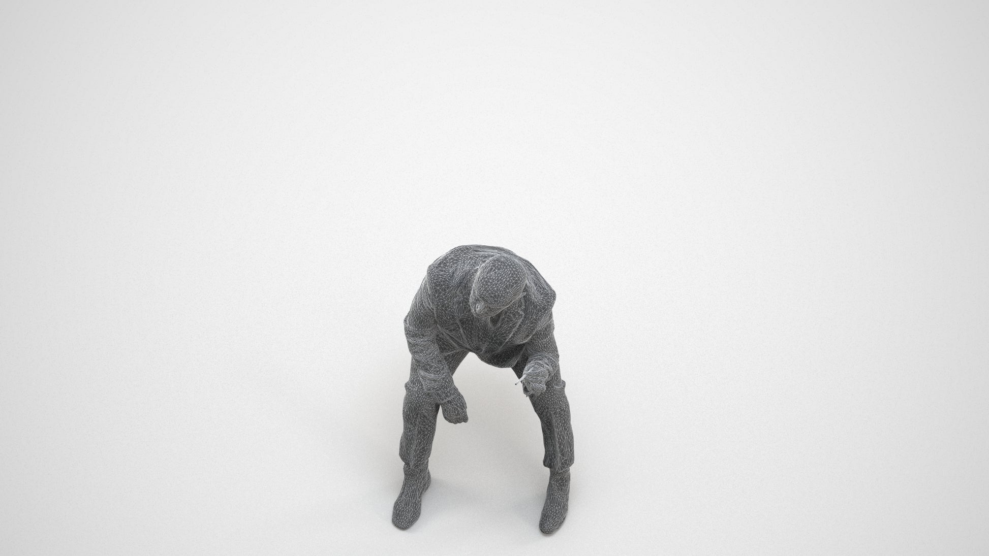 3D human model senior man business, photogrammetry scanned person for archviz, wireframe three-quarter view