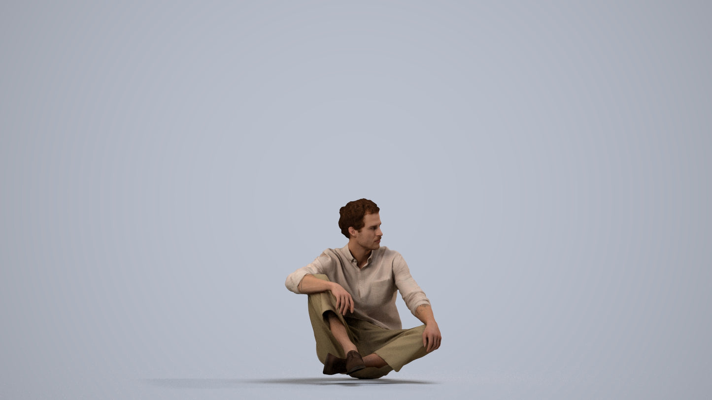 scanned 3D man casual sitting, photogrammetry people for Enscape and V-Ray, side view render