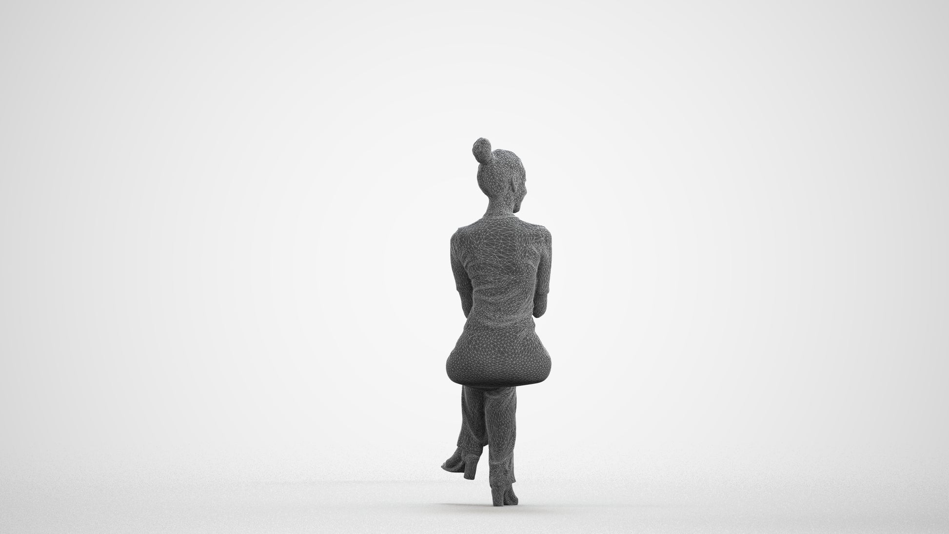 photogrammetry 3D woman casual sitting, realistic human model archviz FBX, wireframe front view