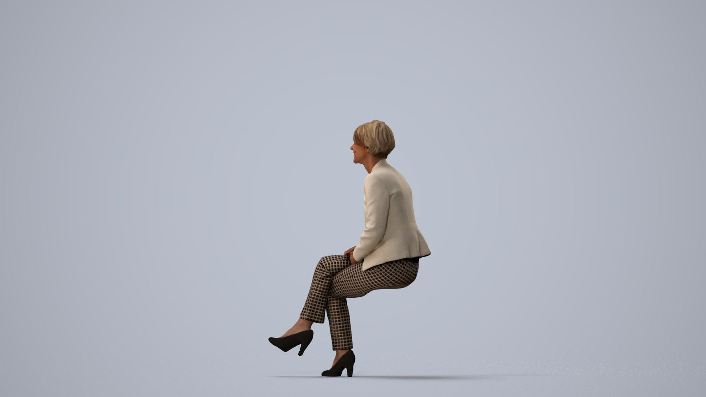 3D human model senior woman business sitting, photogrammetry scanned person for archviz, three-quarter view render
